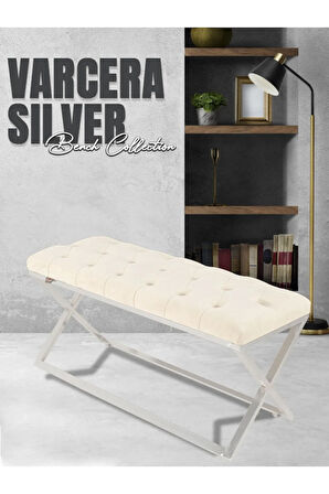 Varcera Silver Bench Çapraz Metal Ayaklı Kapitoneli Model Beyaz Puf