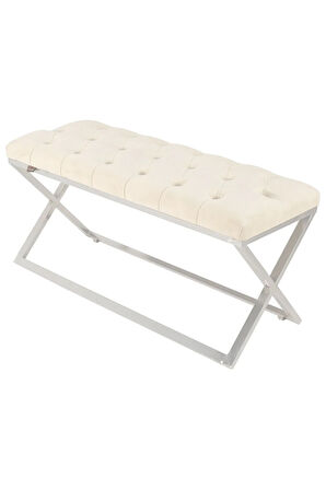 Varcera Silver Bench Çapraz Metal Ayaklı Kapitoneli Model Beyaz Puf