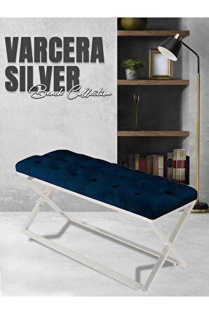 Varcera Silver Bench Çapraz Metal Ayaklı Kapitoneli Model Mavil Puf
