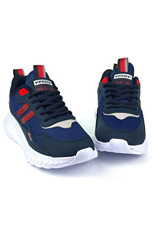 Unisex Lacivert Kırmızı Bağcıklı Esnek Hafif Günlük Sneaker Spor Ayakkabı