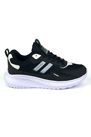 Unisex Siyah Beyaz Bağcıklı Esnek Hafif Günlük Sneaker Spor Ayakkabı