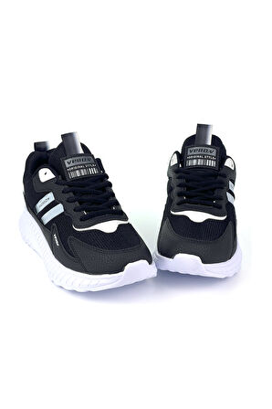 Unisex Siyah Beyaz Bağcıklı Esnek Hafif Günlük Sneaker Spor Ayakkabı