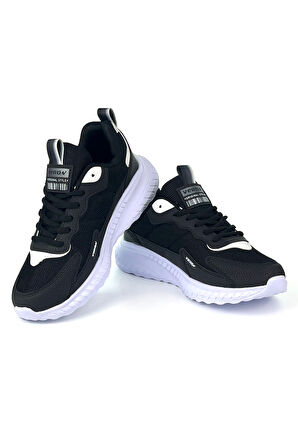 Unisex Siyah Beyaz Bağcıklı Esnek Hafif Günlük Sneaker Spor Ayakkabı