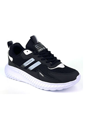 Unisex Siyah Beyaz Bağcıklı Esnek Hafif Günlük Sneaker Spor Ayakkabı