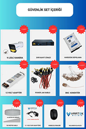 3 Kameralı Set - 250 GB HDD, 9 LED Gece Görüşlü Full HD Güvenlik Kamerası Sistemi