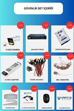 6 Kameralı Set - 500 GB HDD, 9 LED Gece Görüşlü Full HD Güvenlik Kamerası Sistemi