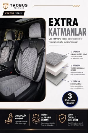 Renault Symbol 2008+ Uyumlu Vertör Serisi Ortopedik Tay Tüyü Gri Siyah Koltuk Kılıfı