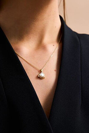14 Ayar Altın 6 mm Zirkon Taşlı Doğal İnci Kolye 