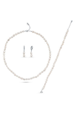 14 Ayar Altın 7 mm Yassı Barok İnci Kolye Bileklik Küpe Üçlü Set