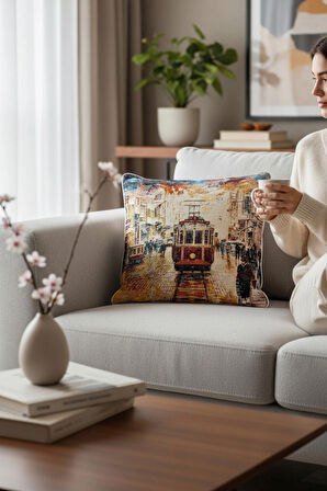  Jakarlı Dokuma Goblen Kırlent Kılıfı – 45x45 cm Biyeli ve Çift Taraflı Dekoratif Yastık