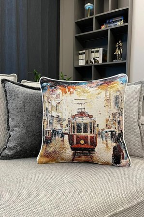 Kırlent Jakarlı Dokuma Goblen Kumaş - 45x45cm Biyeli Çift Taraflı Dekoratif Kırlent Kılıfı