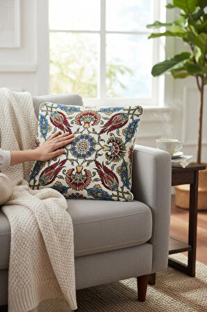 Jakarlı Dokuma Goblen Kırlent Kılıfı – 45x45 cm Biyeli ve Çift Taraflı Dekoratif Yastık