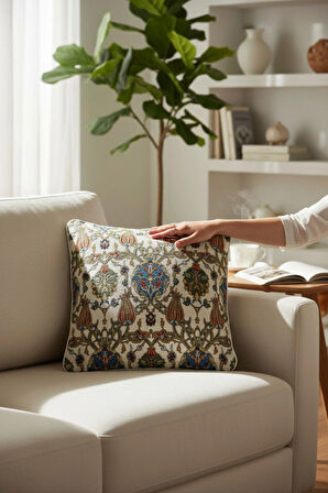  Jakarlı Dokuma Goblen Kırlent Kılıfı – 45x45 cm Biyeli ve Çift Taraflı Dekoratif Yastık