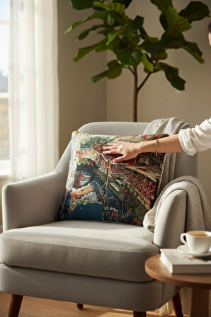 Jakarlı Dokuma Goblen Kırlent Kılıfı – 45x45 cm Biyeli ve Çift Taraflı Dekoratif Yastık