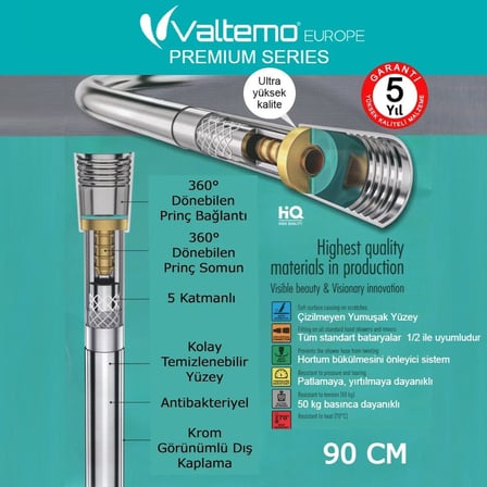 VALTEMO 90 CM PİRİNÇ SOMUN NEOFLEX KROM DUŞ HORTUMU