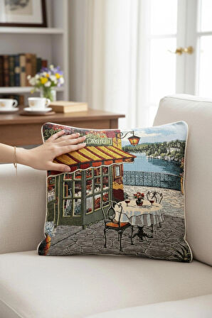  Jakarlı Dokuma Goblen Kırlent Kılıfı – 45x45 cm Biyeli ve Çift Taraflı Dekoratif Yastık