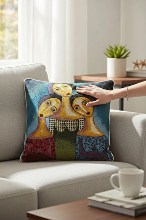 Jakarlı Dokuma Goblen Kırlent Kılıfı – 45x45 cm Biyeli ve Çift Taraflı Dekoratif Yastık