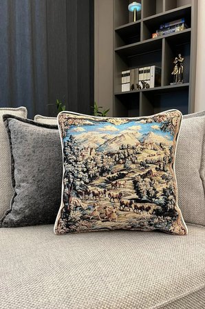 Kırlent Jakarlı Dokuma Goblen Kumaş - 45x45cm Biyeli Çift Taraflı Dekoratif Kırlent Kılıfı