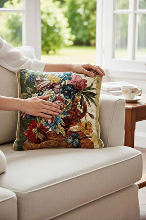 Jakarlı Dokuma Goblen Kırlent Kılıfı – 45x45 cm Biyeli ve Çift Taraflı Dekoratif Yastık