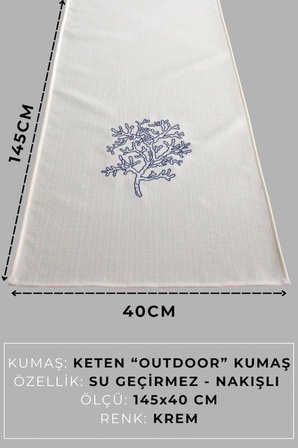 Kırlent Kılıfı 45x45 3'lü Set + 145x40 Runner Marin Nakışlı Yosun Desen Su İtici Outdoor Keten