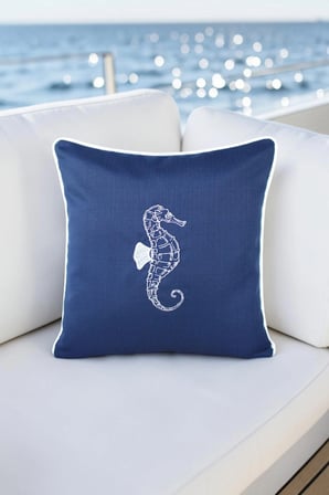Kırlent Kılıfı 45x45 3'lü Set Marin Nakışlı Deniz Atı Desen Su İtici Outdoor Keten Tekne Bahçe