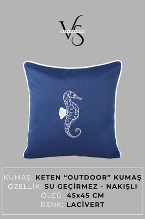 Kırlent Kılıfı 45x45 3'lü Set Marin Nakışlı Deniz Atı Desen Su İtici Outdoor Keten Tekne Bahçe