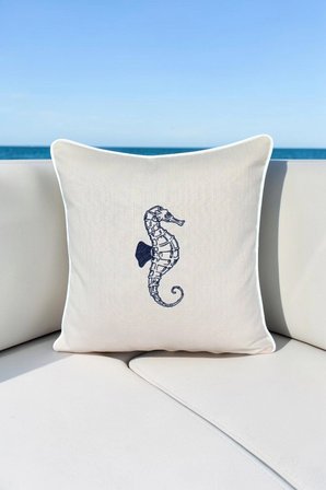 Kırlent Kılıfı 45x45 3'lü Set Marin Nakışlı Deniz Atı Desen Su İtici Outdoor Keten Tekne Bahçe