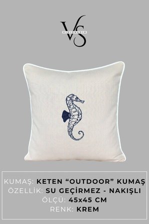 Kırlent Kılıfı 45x45 3'lü Set Marin Nakışlı Deniz Atı Desen Su İtici Outdoor Keten Tekne Bahçe