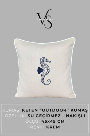 Kırlent Kılıfı 45x45 3'lü Marin Set Nakışlı Deniz Atı Desen + Düz Su İtici Outdoor Keten Tekne Bahçe