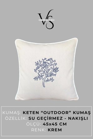 Kırlent Kılıfı 45x45 3'lü Set Marin Nakışlı Yosun Desen Su İtici Outdoor Keten Tekne Bahçe