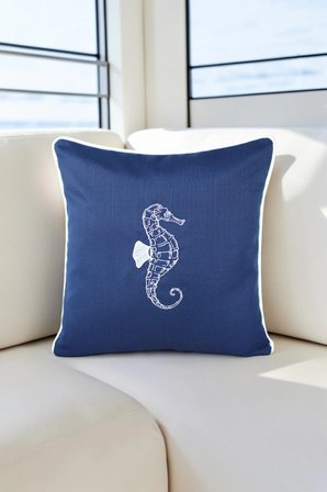 Kırlent Kılıfı 45x45 Marin Nakışlı Deniz Atı Desen Su İtici Outdoor Keten Beyaz Biyeli Tekne Bahçe