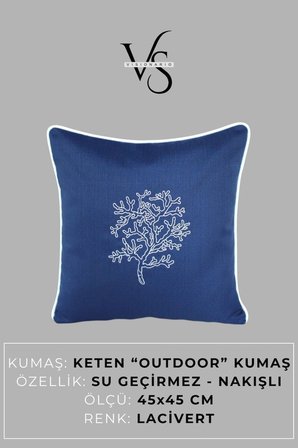 Kırlent Kılıfı 45x45 Marin Nakışlı Yosun Desen Su İtici Outdoor Keten Beyaz Biyeli Tekne Bahçe
