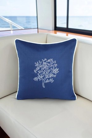 Kırlent Kılıfı 45x45 Marin Nakışlı Yosun Desen Su İtici Outdoor Keten Beyaz Biyeli Tekne Bahçe