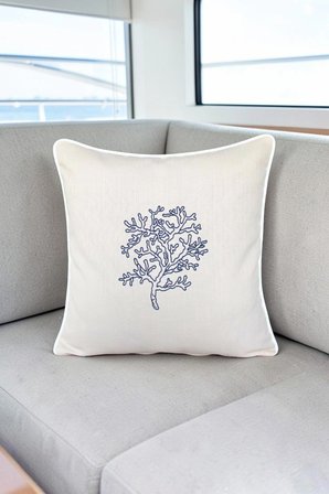 Kırlent Kılıfı 45x45 Marin Nakışlı Yosun Desen Su İtici Outdoor Keten Beyaz Biyeli Tekne Bahçe