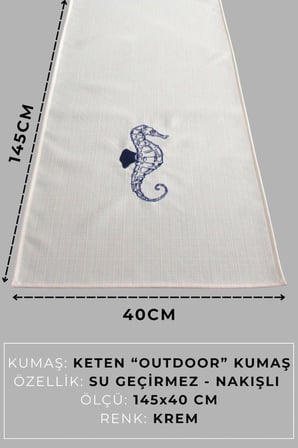 Marin Nakışlı Runner 145x40ve45x45 Kırlent Seti Deniz Atı Desen Su İtici Outdoor Keten Tekne Bahçe