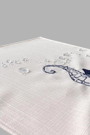 Marin Nakışlı Runner 145x40ve45x45 Kırlent Seti Deniz Atı Desen Su İtici Outdoor Keten Tekne Bahçe