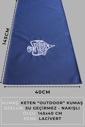 Marin Nakışlı Runner 145x40 ve 45x45 Kırlent Seti Balık Desen Su İtici Outdoor Keten Tekne Bahçe