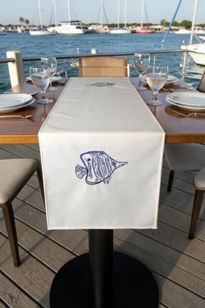 Marin Nakışlı Runner 145x40 ve 45x45 Kırlent Seti Balık Desen Su İtici Outdoor Keten Tekne Bahçe