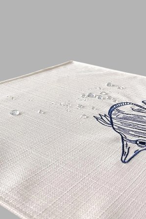 Marin Nakışlı Runner 145x40 ve 45x45 Kırlent Seti Balık Desen Su İtici Outdoor Keten Tekne Bahçe