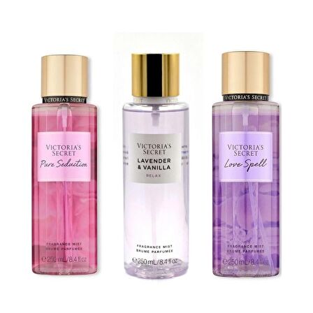 VICTORIA'S SECRET Pure Seduction-Lavender ve Vanilla-Love Spell Vücut Spreyi Üçlü Set