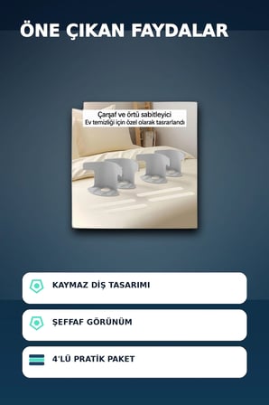 4'lü Şeffaf Çarşaf ve Yorgan Sabitleyici – Kaymaz Dişli Tasarım, Ev Temizliği İçin Pratik Çözüm