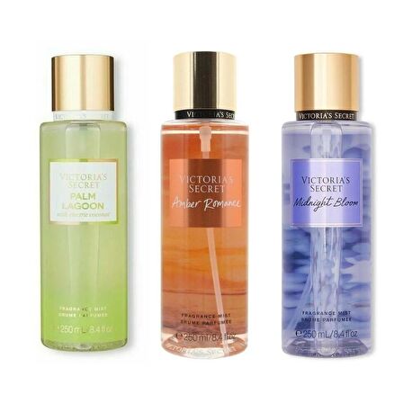 VICTORIA'S SECRET Palm Lagoon-Amber Romance-Midnight Bloom Vücut Spreyi Üçlü Set