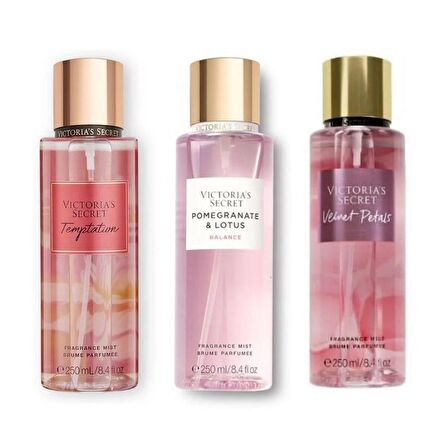 VICTORIA'S SECRET Temptation-Pomegranate ve Lotus-Velvet Petals Vücut Spreyi Üçlü Set