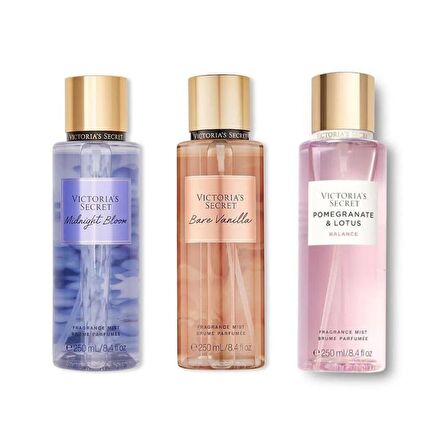 VICTORIA'S SECRET Bare Vanilla-Midnight Bloom-Pomegranate ve Lotus Vücut Spreyi Üçlü Set