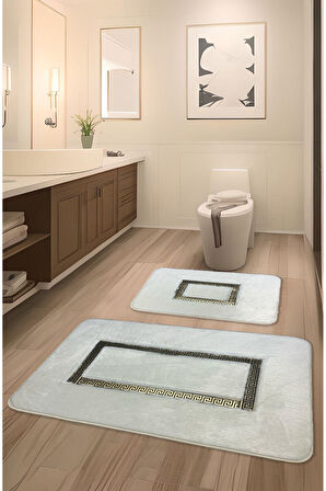 Meram Kaymaz Taban, Yumuşacık, Emici 2'li Ultra Lüks Deri Detaylı Banyo Paspası Seti