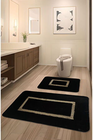 Meram Kaymaz Taban, Yumuşacık, Emici 2'li Ultra Lüks Deri Detaylı Banyo Paspası Seti