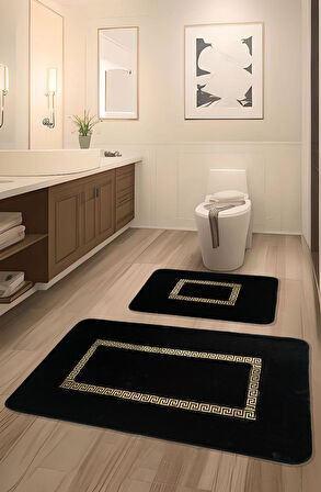 Meram Kaymaz Taban,Emici 2'li Ultra Lüks Deri Detaylı Banyo Paspası Seti Siyah&Gold