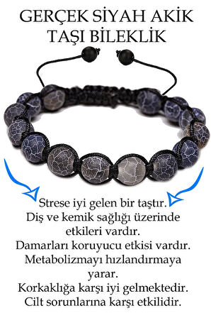 Sertifikalı Damarlı Siyah Akik Taşı Bileklik - Makrome