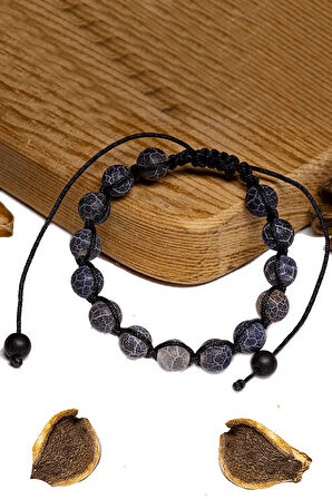 Sertifikalı Damarlı Siyah Akik Taşı Bileklik - Makrome