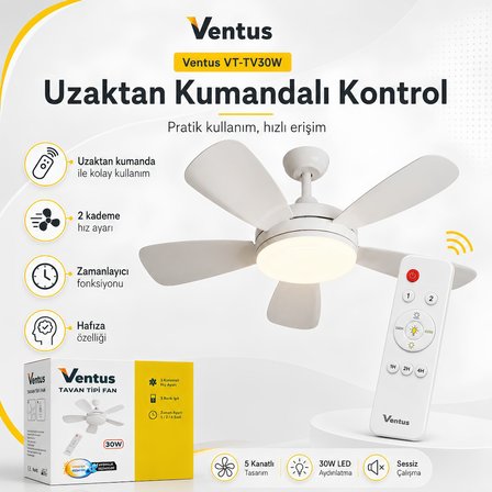 Ventus VT-TV30W Sessiz Çalışma 5 Kanatlı Işıklı Uzaktan Kumandalı Tavan Tipi Vantilatör